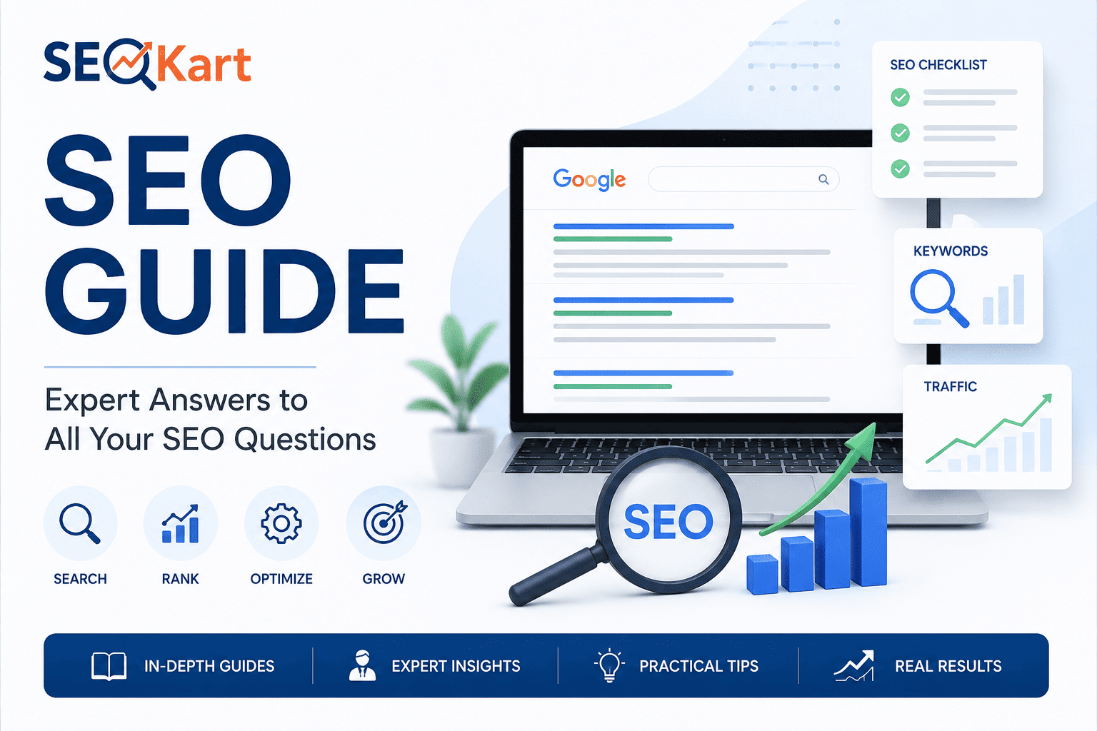 SEOKart SEO Knowledge Base featured image with Google search, SEO analytics, and website optimization illustration